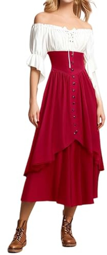 Women's Gothic Shirt Two Piece Set - Buttoned Dress with Off Shoulder Blouse Costume Contact Lenses for Eyes Cosplay, red, XXL