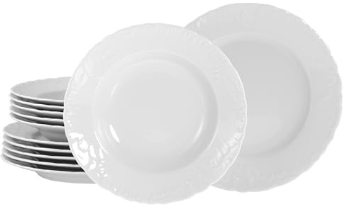 CreaTable, 12619, Serie Rokoko Weiss, 12-teiliges Geschirrset für 6 Personen, Tafelservice aus Porzellan, spülmaschinen- und mikrowellengeeignet, Made in Europe