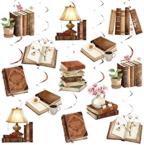 JOYMEMO 24Pcs Vintage Brown Book Hanging Swirls Decorations - Storybook Reading Club Double Sided Ceiling Spiral Streamers, Library Chapter Theme Birthday Baby Bridal Shower Wedding Party Supplies