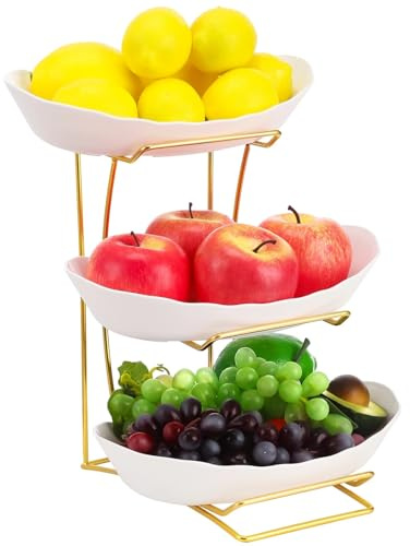 SWEWARM Gold-Tiered Fruit Basket Set - Luxury Tri-Tier ABS Serving Bowls with 28cm Metal Stand for Kitchen Counter & Living Room Display