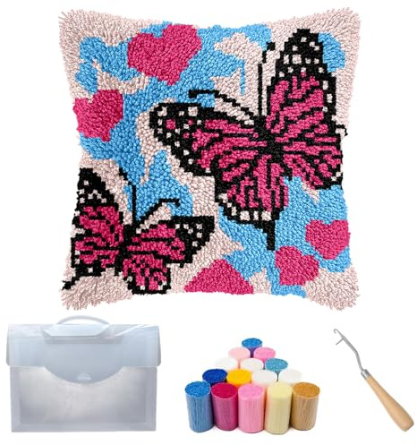 Cozykeke Butterfly Latch Hook Kit for Adults Beginners,DIY Latch Hook Pillow Kits with Pre-Printed Canvas, Embroidery Cushion for Home Decor and Festival Gift 17 * 17in (BX827)