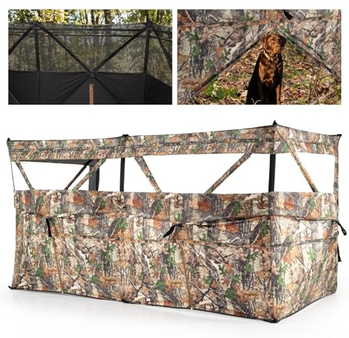 COSTWAY Store de Chasse pour 1 à 3 Personnes, Tente de Chasse avec Panneau à Vision Unidirectionnelle à 360° Porte pour Chien Sac de Transport, Camouflage, 240 x 120 x 120 cm