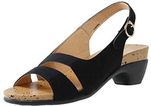 Höga skor dam med klack – klackskor, eleganta sandaler, lätta sandaletter, öppna tår, sommarskor, halkfria Slingback sandaletter, justerbart spänne, utomhussandal, bekväma fritidsskor, svart, 39