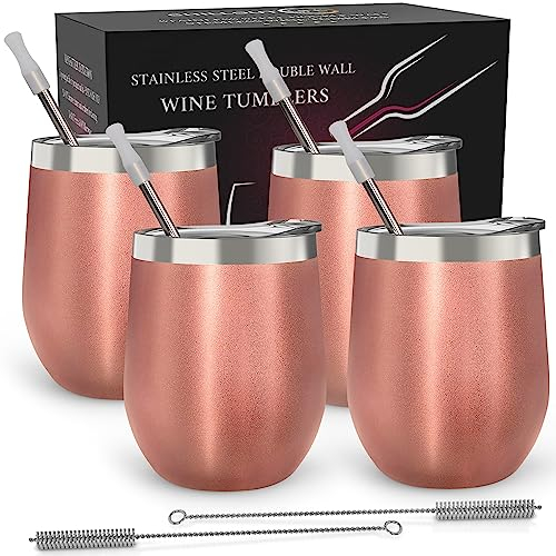 CHILLOUT LIFE Stainless Steel Wine Tumblers 4 Pack 12 oz - Double Wall Vacuum Insulated Wine Cups with Lids and Straws Set for Coffee, Wine, Cocktails - Rose Gold