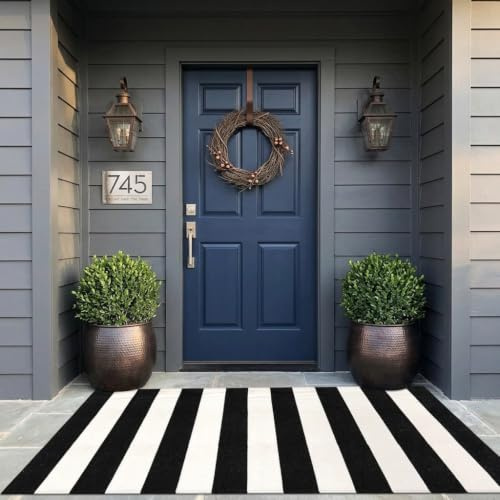 LEEVAN Black and White Striped Outdoor Rug 3x5 Washable Front Porch Rugs