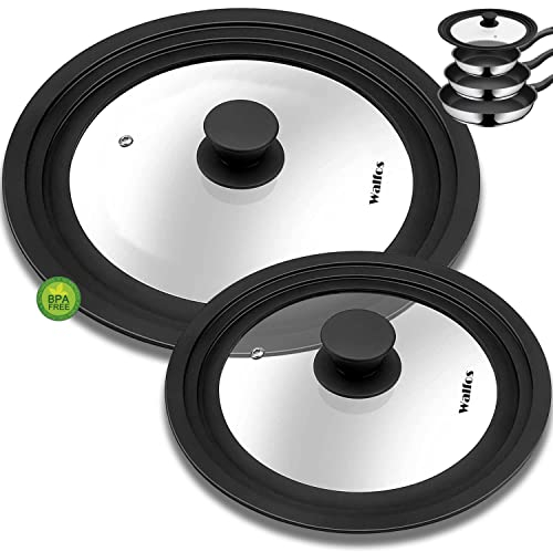 Walfos Universal Lid, Tempered Pan Lid with Heat Resistant Silicone Rim, Fits All 7 to 12 Diameter Cookware, Pots, Pans and Skillets (2Pk)