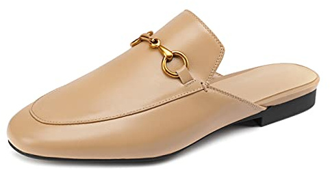 Arqa Women's Comfortable Slip On Flat Mules Casual Almond Toe Backless Apricot Loafers Mule Business Slides with Metal Decoration Buckle Size 7