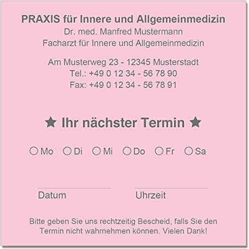 Terminzettel Terminkarten Termine mit Ihrer Adresse personalisiert 10 x 10 cm (hellrosa) (10000)