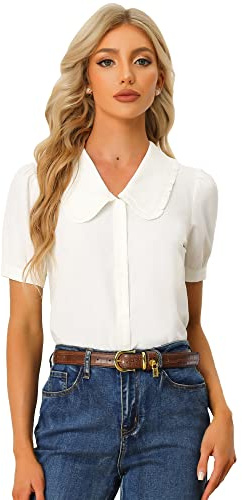 Allegra K Women's Peter Pan Collar Shirt Puff Short Sleeve Retro Vintage Button Down Shirts Large Cream White
