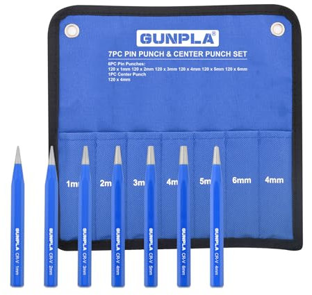 Gunpla 7 Pieces Drift and Center Punch Set Chrome Vanadium Heavy Duty 120mm Pilot Holes Drilling Punches with 1-6mm Head Tools Kit in Storage Pouch