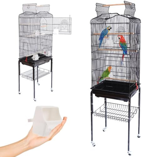 BAKAJI Gabbia Voliera per Uccelli, Pappagalli Inseparabili, Calopsite, Gabbietta Parrocchetti Volatili Piedistallo e Ruote, Tetto Apribile e Mangiatoie, Posatoi Legno, Vaschetta Removibile (Nero)