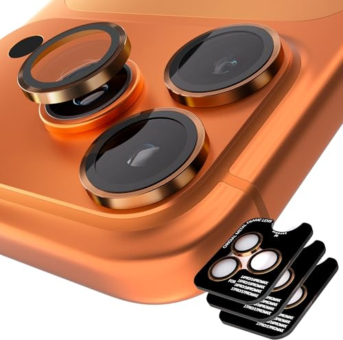 Orzero 3 Sets Camera Lens Protector for iPhone 17 Pro Max/17 Pro, Orange | Also for iPhone 16/15/14 Pro Max and Pro Series; one-step install tray, individual metal ring glass, CD pattern, HD clear