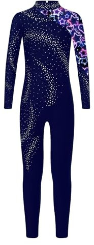 CHICTRY Turnanzug Kinder Ganzkörper Mädchen Langarm Ballettanzug Strass Glitzer Akrobatik Body Stehkragen Leotard Motiv Trikotanzug Dancewear Navy blau 134-140