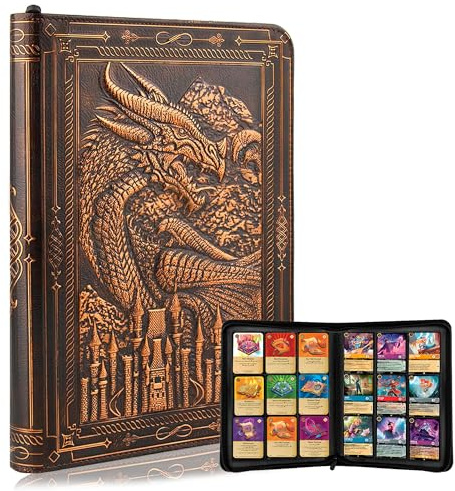 FEIDIAO Sammelkartenbuch mit 9 Taschen, 360 Seitentaschen, Alben mit Reißverschluss, 3D-geprägtes Drachen-Kartenbuch, Sammelkartenspiel, Album für MTG, TCG, Pokmon, Lorcana, Rotkupferfarben