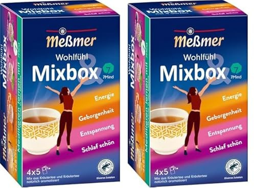Meßmer Wohlfühltee Mixbox | 20 Teebeutel | 5x Energie | 5x Geborgenheit | 5x Entspannung | 5x Schlaf schön | ein Mix aus Kräutertees der Meßmer Wohlfühlrange (Packung mit 2)