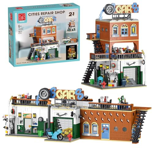 2 in 1 City Bauspielzeug Set, Creator Haus City Auto Reparaturwerkstatt Modularer BAU Modellsets Baukasten mit LED-Licht, Spielzeug Geschenk für Erwachsene Kinder Jungen ab 8 Jahren (1637 PCS)