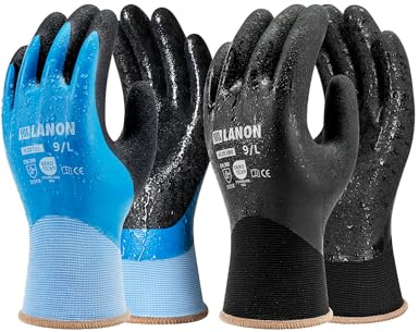 LANON 2 Pares Guantes de Trabajo Impermeables, Doble Revestimiento de Látex, para Jardinería, Exteriores, Limpieza de Coches & Pesca, Puños Elásticos, Azul & Negro, Talla XL/10