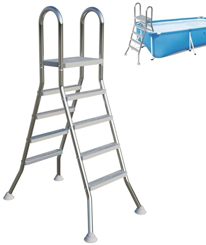 FIVMEN Escalera de piscina de acero inoxidable de 4 peldaños, 140 cm de alto, escalera de seguridad para piscina, con pedales antideslizantes y pies, escalera de entrada, escalera de piscina para