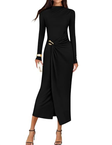 ZESICA Women's 2026 Spring Long Sleeve Bodycon Dress Mock Neck Wedding Guest Cocktail Party Long Midi Dresses Black Medium