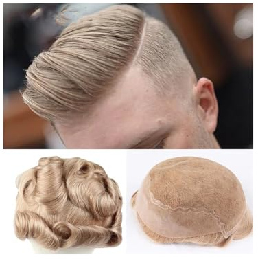 Peluca, Sistema de reemplazo de cabello humano Remy for hombres, peluquín, postizos for hombres, base de encaje francés con, Cabello de tupé(Medium Blonde,7x9)