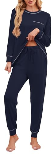 Namatime Pigiama da donna lungo cotone pigiama set pigiameria maglietta a maniche lunghe e pantaloni pigiama con tasche, Blu scuro, M