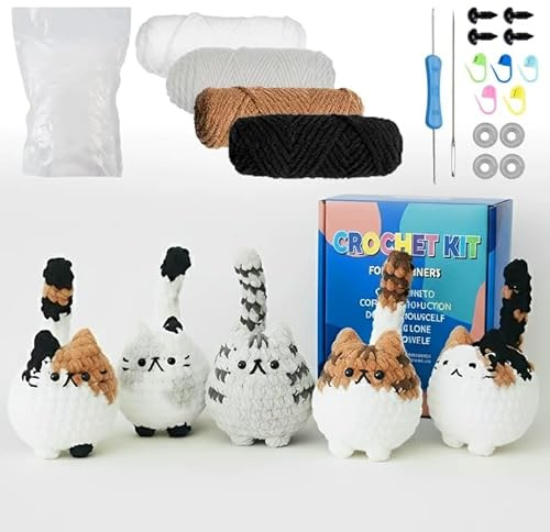 Rbleote Häkelset Für Anfänger,Erwachsene Kinder Häckel Kit Für Anfänger,Kann Als Geschenk Verwendet Werden Häkelset Tiere,5 Süße Häkelkatzen,Kommt Mit Videoerklärung