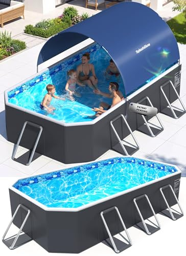 SplashGlow Foldable Pool with Canopy,Non Inflatable Pool,Large Foldable Swimming Pool for Adult Portable Pool,Large Collapsible Kid Pool with Shade,Folding Kid Pool for Backyard,90x50x20 in-Dark Blue