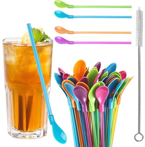 20 Stück Strohhalme Löffel Wiederverwendbar, 2-in-1 Slush Strohhalme, Inkl. Reinigungsbürste für Slush, Cocktail und Milchshake