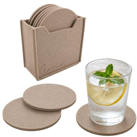 G.schmückt Untersetzer Gläser Filz, Runde Glasuntersetzer 12er Set mit Aufbewahrung, 10cm (Beige)