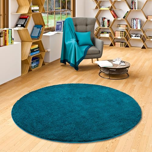 PALACE Hochflor Shaggy Teppich Petrol Rund in 7 Größen