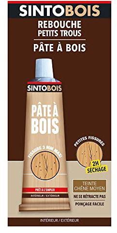 SINTOBOIS - Rebouche Petits Trous - Pâte à Bois - Prêt à l'Emploi - Sec en 2h - Formule Solvantée - Intérieur et Extérieur - Ne se Rétracte pas - Chêne Moyen - Technique Professionnelle - 80 g