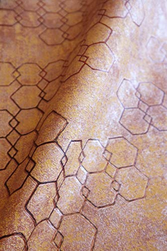 Newroom Vliestapete Orange Hexagon Mustertapete Modern Wohnzimmer | Leichter Glanz, geprägte Hexagon-Konturlinien mit 3D-Wirkung, changierende Ocker-Kupfer-Optik, ansatzfrei, Wandtapete Flur
