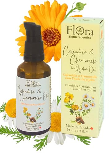 FLORA Organic Calendula & Chamomile Flowers Double Infused in Golden Jojoba Oil. 100% Plant Based & Unscented. 1.7fl oz. Gentle Soothing Oil for Sensitive Skin - for Face, Body, Hair - Made in Canada