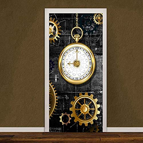 CBWRAW 3D Interne Adesivi Per Porte Orologio Con Ingranaggi D'Oro Poster Murale Soggiorno Camera Da Letto Bagno Pvc Autoadesivo Impermeabile Rimovibile Adesivo D'Arte Complementi Arredo Casa 77x200cm