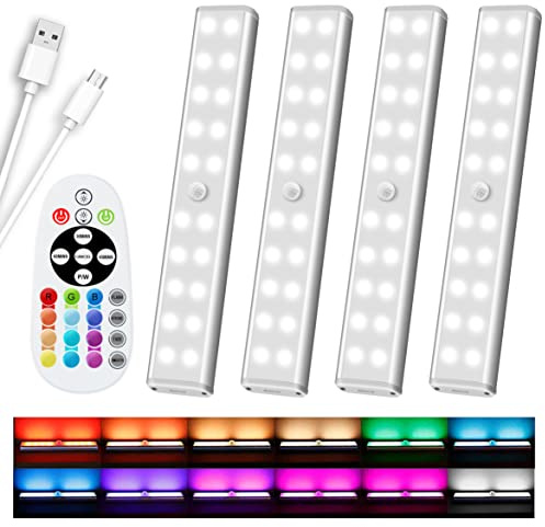 Diomart 48 LED Under Cabinet Lighting Wireless, 15 Colors Changeable Rechargeable RGB Under Cabinet Lights Remote Control Under Counter Lights Mini Night Light Bar for Indoor Display Shelf, 4 Pack