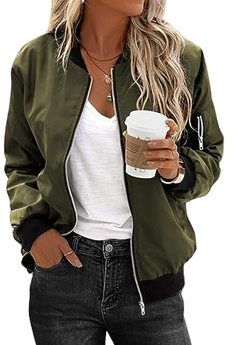 Zeagoo Chaqueta Bomber para Mujer Chaqueta De Aviador Fina Y Ligera Chaqueta Cazadora Verde con 2 Bolsillos Cremallera para Primavera Verano Otoño L