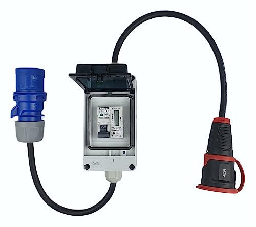 RoadEu - Adaptador para Camping-Car con Contador de Electricidad - Conector CEE 3P 16A a Schuko 230V - Alargador portátil 1m. Ideal para Camping y Autocaravana, Barco, Obra y jardín.