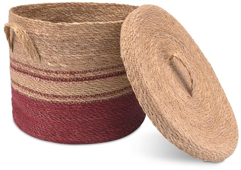 Decorasian Seegras Korb mit Deckel – Wäschekorb geflochten – dekorative Körbe zur Aufbewahrung im Boho Stil - L