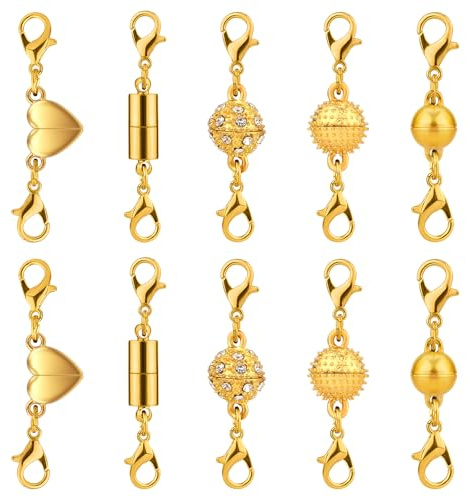 10stk Magnetverschlüsse mit Verriegelung, Magnetverschlüsse für Halsketten 5 Arten Verriegelungen für Schmuck Magnetverschlüsse für Halsketten Magnetverschlüsse für Fußkettchen (Gold)