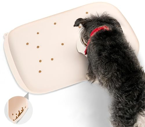 Conlun HundenapfMatte mit Seitentasche & Aufhängeöse – Weiche Erhöhte Kanten, Leicht zu Reinigen, wasserdichte rutschfeste Silikon-Fressmatte für Katzen und Hunde (46x30 cm Natur-Tan)