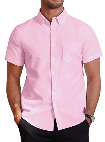 J.VER Mens Short Sleeve Shirts Smart Casual Regular Fit Non Iron Button Down Oxford Business Office Work Summer Dress Cotton Shirt Pink XL