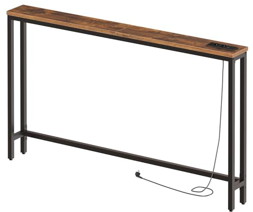 HOOBRO Tavolo Console Stretto da 140 cm per Consolle Ingresso, Tavolo da Consolle Rustico con Stazione di Ricarica e Porte USB Shinny, Espositivo Metallo, Marrone Vintage e Nero EBF145CXG01