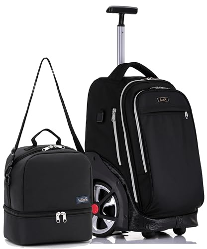 NEW TILAMI 19 Inch Rolling Backpack with Lunch Bag for Girls Boys Wheeled Laptop Backpack Durable Carry-on Bag School Travel, Pure Black
