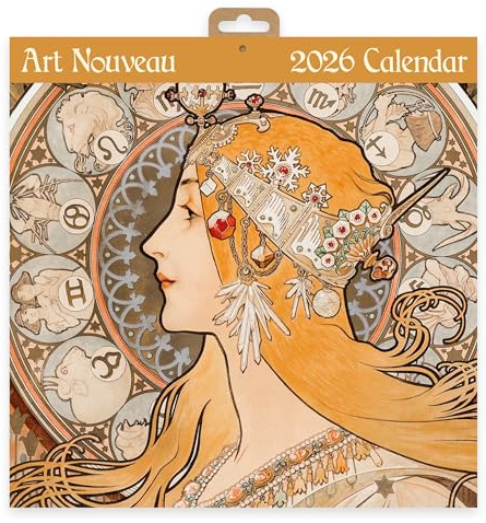Art Nouveau 2026 fyrkantig väggkalender | Månatlig planerare med klassiska verk av Alphonse Mucha, Georges de Feure, Verneuil, Rhead och mer
