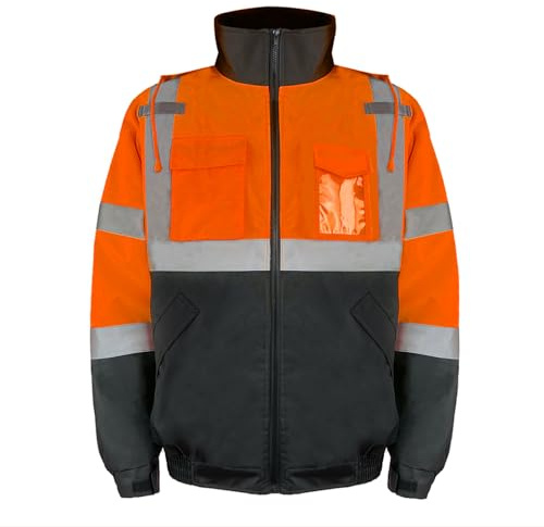 HYCOPROT Veste de Sécurité pour Hommes Veste Bomber Réfléchissante Haute Visibilité Vestes de Pluie Avec Poches de Travail Imperméables Gilets de Sécurité pour Temps Froid Normes EN ISO 20471