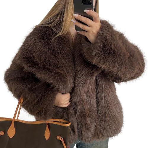 Manteau en fausse fourrure pour femme veste en fausse fourrure moelleuse à manches longues revers vestes d'hiver en fourrure shaggy parka manteau court (Marron,S)