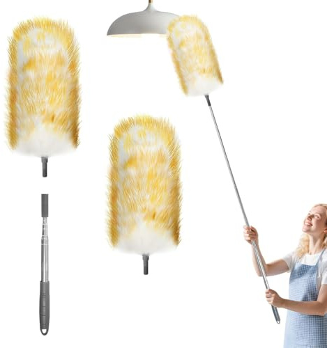 PEEXTBB Ausziehbarer Staubwedel aus Lammwolle, Ausziehbar bis 130 cm, Lammwolle Staubwedel Teleskop Waschbar, für Decken, Empfindliche Oberflächen, Privat, Büro