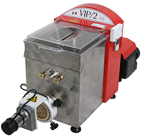 VIP/2 Macchina Pasta Fresca professionale elettrica con coltello TAGLIAPASTA elettrico per pasta corta, con 4 trafile in bronzo incluse, capacità vasca 2,8kg e produzione max pasta/ora di 8kg (Rosso)