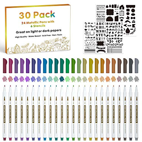 30-pack metalliska tuschpennor, Lineon 24 färger färgpennor med fin spets med 6 schabloner för gör-det-själv hantverk fotoalbum rockkonst målningskort tillverkning glas trä