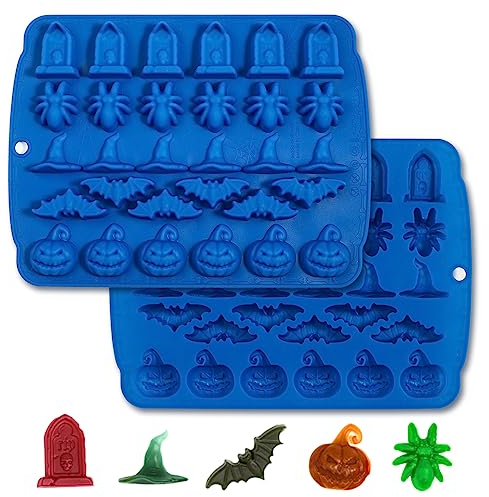Kamehame Halloween Chocolate Moulds Silicone 2 Pcs 30 Cavity Pumpkin Ghost Bat Witch Hat Gravestone Gummy Moulds for DIY Halloween Gummies, Candy, Jelly, Chocolate, Jello